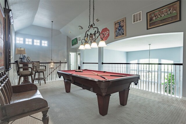 1217 Waterford Way, Allen, TX 75013 - game room featuring carpet flooring, a chandelier, billiards, and high vaulted ceiling