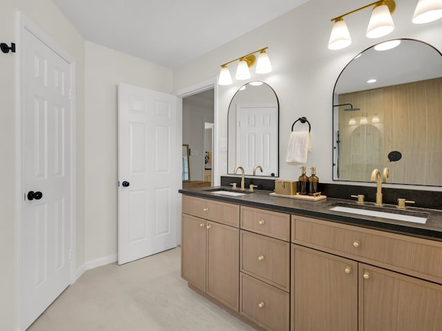 618 Berkley Dr, Grapevine, TX 76051 - bathroom featuring double vanity, tile patterned flooring, and a shower
