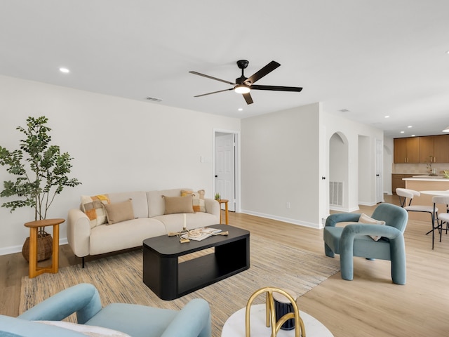618 Berkley Dr, Grapevine, TX 76051 - living area with light wood-type flooring, recessed lighting, baseboards, and a ceiling fan