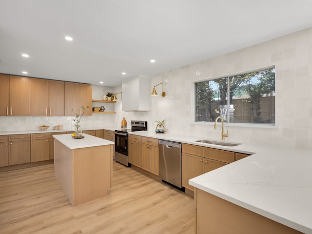 618 Berkley Dr, Grapevine, TX 76051 - kitchen with dishwasher, electric range, a sink, open shelves, and light wood-style flooring