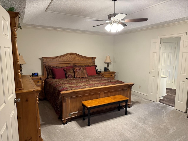 4809 Westhaven Rd, Arlington, TX 76017 - bedroom with carpet, a textured ceiling, ornamental molding, ceiling fan, and baseboards