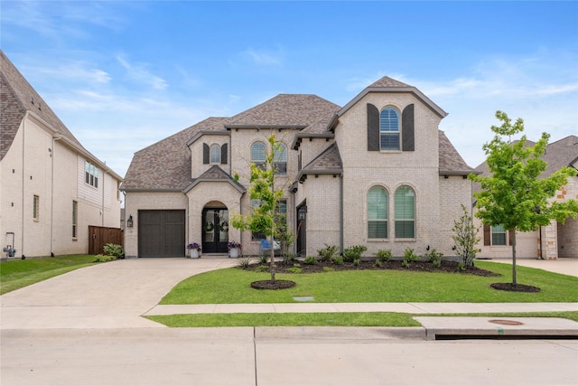 507 Melody Meadow Dr, Rockwall, TX 75087 - french provincial home with a front lawn, concrete driveway, a garage, brick siding, and roof with shingles