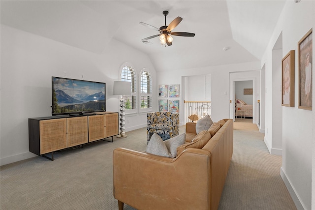 507 Melody Meadow Dr, Rockwall, TX 75087 - living room with light colored carpet, ceiling fan, lofted ceiling, and baseboards