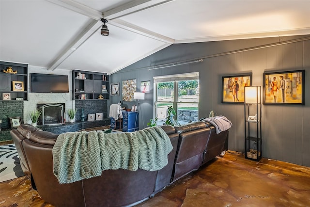 3020 Meadowlark, Tyler, TX 75701 - living room featuring a brick fireplace, concrete floors, and a ceiling fan