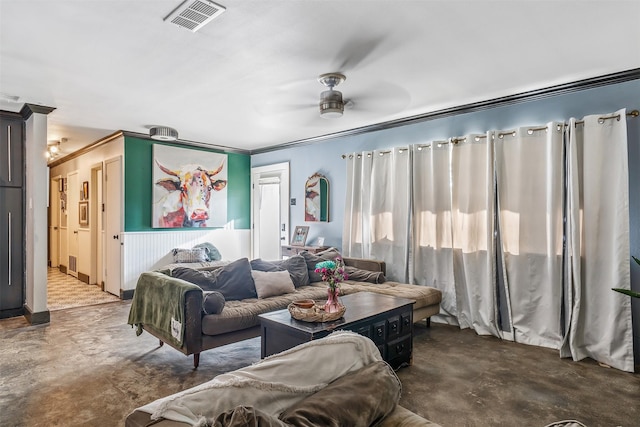 3020 Meadowlark, Tyler, TX 75701 - living area with concrete floors, ceiling fan, and ornamental molding