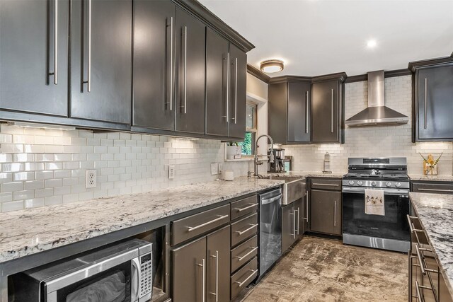 3020 Meadowlark, Tyler, TX 75701 - kitchen with wall chimney exhaust hood, appliances with stainless steel finishes, a sink, and tasteful backsplash