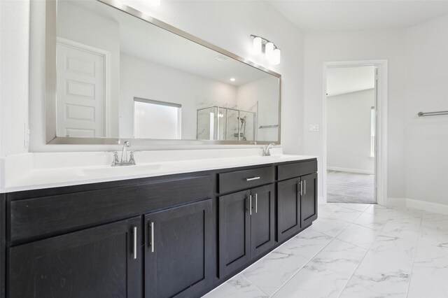 6322 Farndon Dr, Celina, TX 76227 - full bath with a marble finish shower, double vanity, and marble look tile flooring