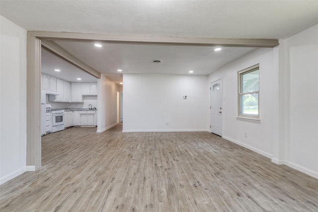 5241 E Berry St, Fort Worth, TX 76119 - unfurnished living room with light wood-type flooring, baseboards, a sink, and recessed lighting