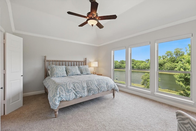 528 Layton Dr, Coppell, TX 75019 - bedroom with carpet, ornamental molding, a water view, ceiling fan, and baseboards