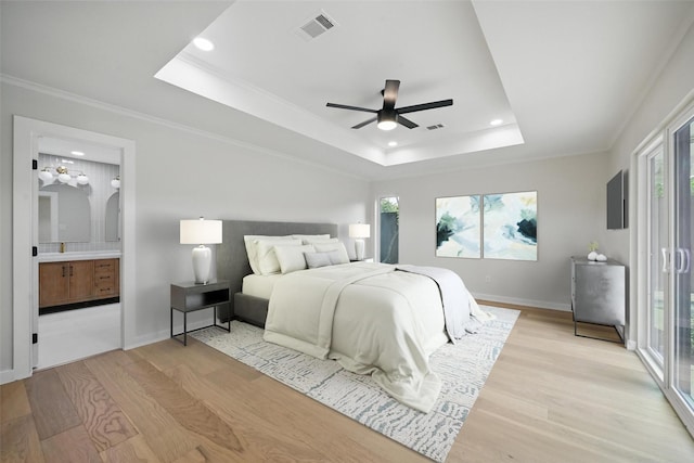 6407 Laurel Valley Rd, Dallas, TX 75248 - bedroom with a raised ceiling, recessed lighting, light wood-type flooring, baseboards, and ornamental molding