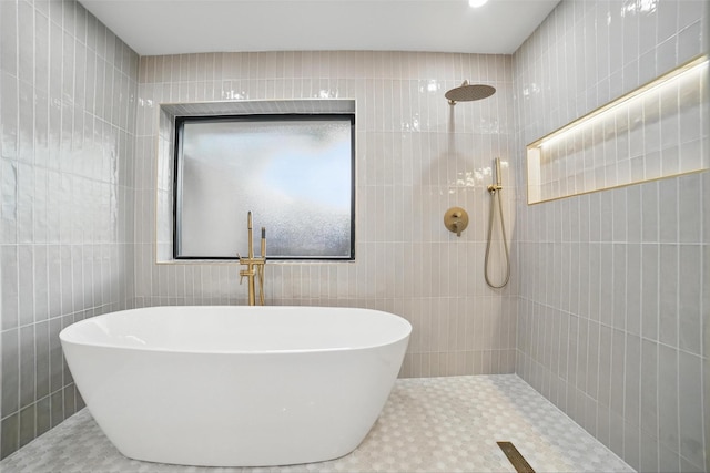 6407 Laurel Valley Rd, Dallas, TX 75248 - bathroom featuring tiled shower, tile walls, and a freestanding bath