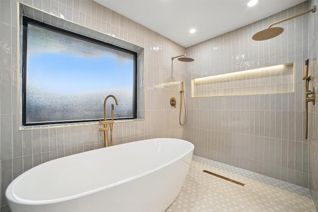 6407 Laurel Valley Rd, Dallas, TX 75248 - full bathroom featuring walk in shower, tile walls, a freestanding bath, and recessed lighting