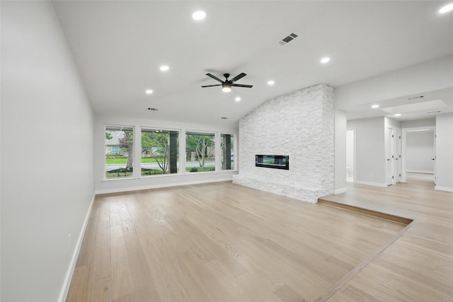 6407 Laurel Valley Rd, Dallas, TX 75248 - unfurnished living room with recessed lighting, baseboards, ceiling fan, light wood finished floors, and lofted ceiling