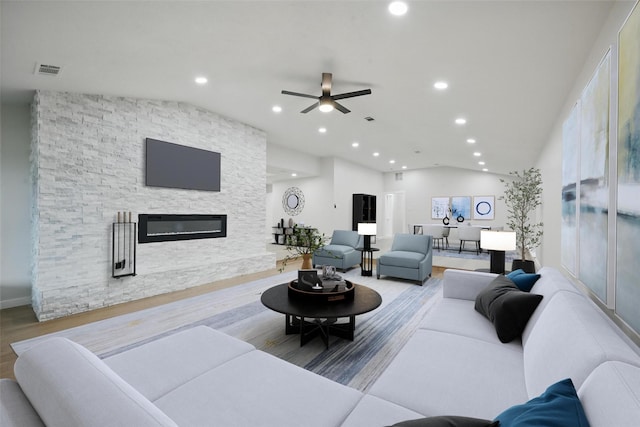 6407 Laurel Valley Rd, Dallas, TX 75248 - living room with recessed lighting, a stone fireplace, a ceiling fan, wood finished floors, and lofted ceiling