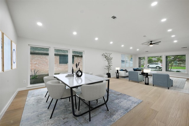 6407 Laurel Valley Rd, Dallas, TX 75248 - dining space with recessed lighting, baseboards, light wood-style flooring, and a ceiling fan