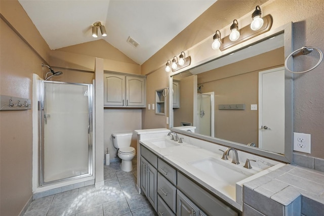 3211 Ruidoso Ln, Mckinney, TX 75070 - full bath featuring a shower stall, vaulted ceiling, tile patterned floors, toilet, and double vanity