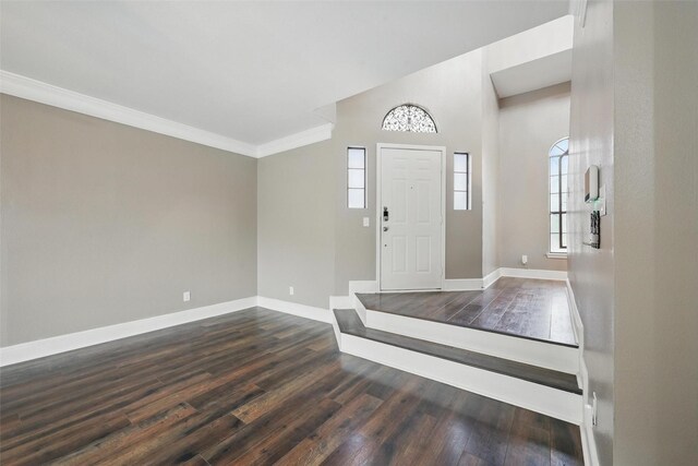 3211 Ruidoso Ln, Mckinney, TX 75070 - entryway featuring crown molding, dark wood finished floors, and baseboards
