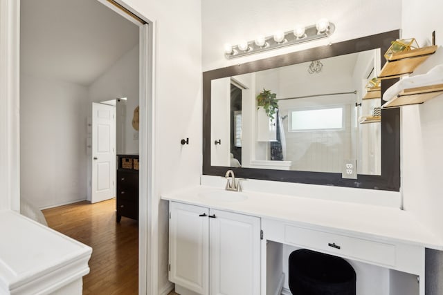 569 Dove Creek Cir, Grapevine, TX 76051 - bathroom featuring wood finished floors, vanity, and a shower