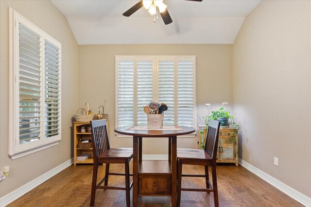 128 Creek Rdg, Waco, TX 76708 - dining room with wood finished floors, a ceiling fan, vaulted ceiling, healthy amount of natural light, and baseboards