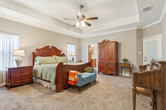 128 Creek Rdg, Waco, TX 76708 - bedroom with a tray ceiling, light colored carpet, multiple windows, and ornamental molding