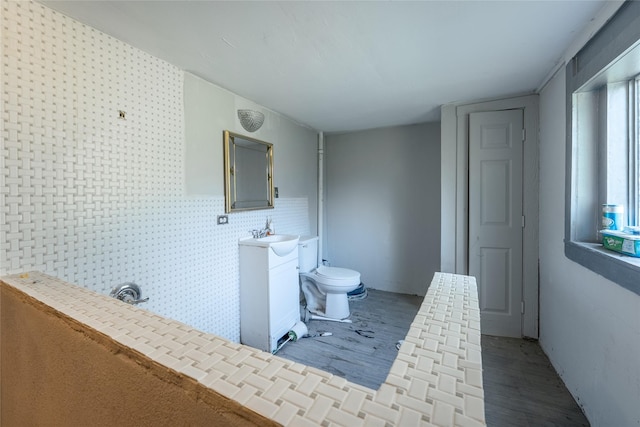 6058 Golden Gate Dr, Dallas, TX 75241 - bathroom with toilet, vanity, and wood finished floors
