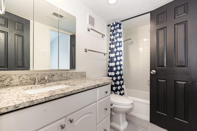 8750 Park Ln Unit 151, Dallas, TX 75231 - bathroom featuring vanity, toilet, tile patterned floors, and shower / bath combination with curtain