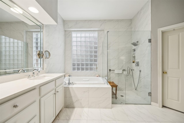 7904 Briar Brook Ct, Dallas, TX 75218 - bathroom featuring marble finish flooring, a marble finish shower, vanity, and a garden tub