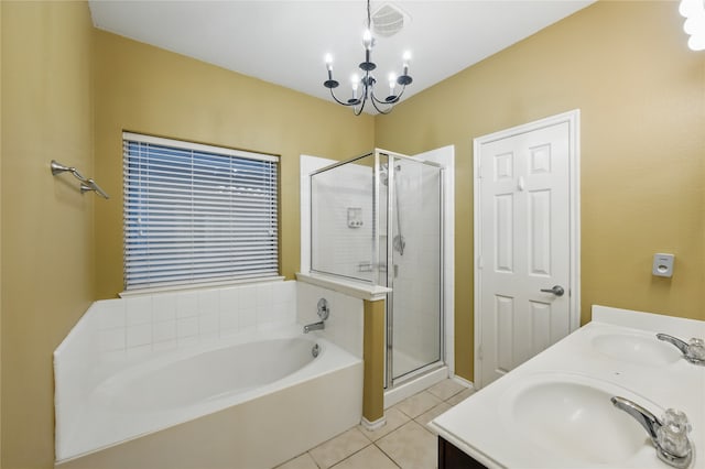 1632 Degnen Ln, Providence Village, TX 76227 - bathroom featuring tile patterned flooring, a stall shower, a chandelier, a bath, and double vanity