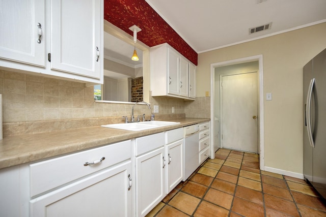320 Gloria St, Keller, TX 76248 - kitchen with dishwasher, a sink, stainless steel fridge, backsplash, and white cabinetry