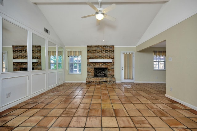 320 Gloria St, Keller, TX 76248 - unfurnished living room featuring a ceiling fan, a fireplace, baseboards, and high vaulted ceiling
