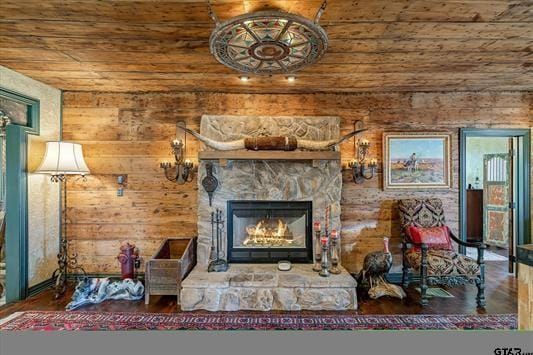 1847 N State Highway 19, Emory, TX 75440 - sitting room featuring wooden ceiling, wood finished floors, and a fireplace