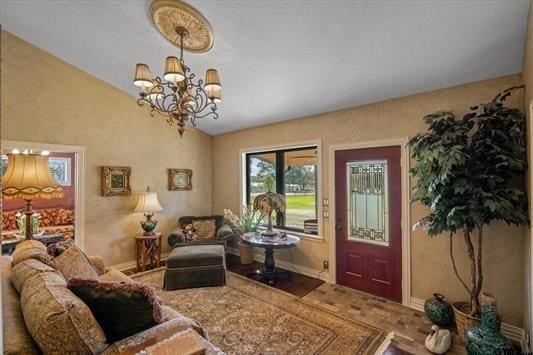 1847 N State Highway 19, Emory, TX 75440 - living room with vaulted ceiling, a chandelier, and baseboards