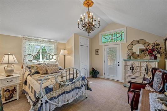 1847 N State Highway 19, Emory, TX 75440 - carpeted bedroom featuring access to outside, a chandelier, and vaulted ceiling