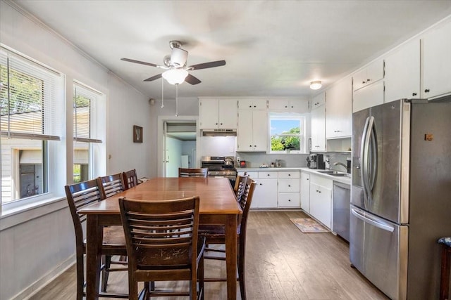 13591 County Road 420, Tyler, TX 75704 - kitchen featuring stainless steel appliances, a ceiling fan, light wood-type flooring, under cabinet range hood, and white cabinets