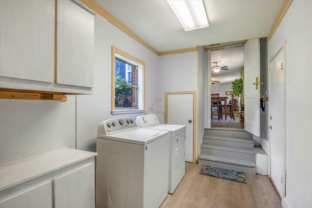 13591 County Road 420, Tyler, TX 75704 - washroom featuring light wood-type flooring, independent washer and dryer, cabinet space, crown molding, and a ceiling fan