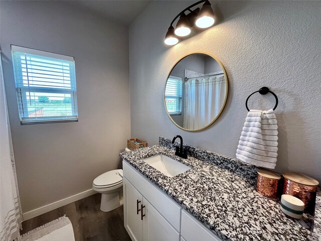 130 County Road 2630, Decatur, TX 76234 - full bathroom with wood finished floors, vanity, toilet, baseboards, and a shower with shower curtain