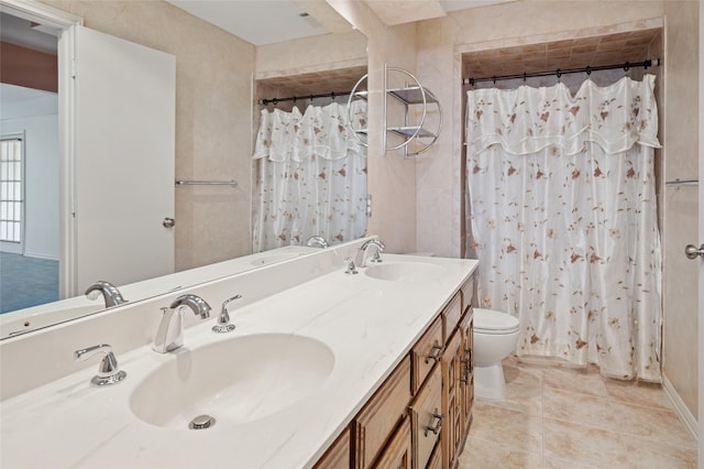 1706 Morningstar Trl, Richardson, TX 75081 - bathroom with toilet, double vanity, a shower with curtain, and tile patterned flooring