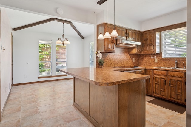1706 Morningstar Trl, Richardson, TX 75081 - kitchen with under cabinet range hood, backsplash, a sink, black electric stovetop, and brown cabinets