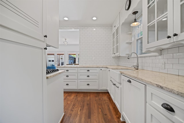 1143 N Winnetka Ave, Dallas, TX 75208 - kitchen with white cabinets, a sink, glass insert cabinets, light stone counters, and dark wood finished floors
