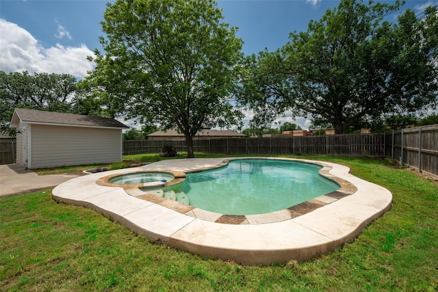 2513 First St, Caddo Mills, TX 75135 - view of pool featuring a pool with connected hot tub and an outdoor structure