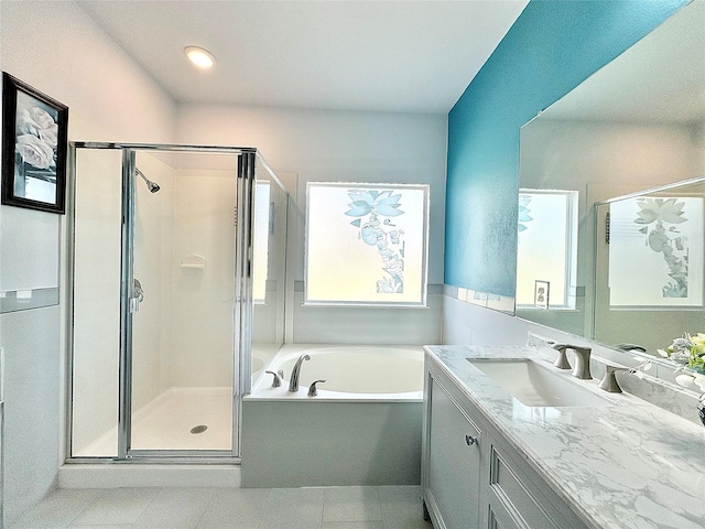 6468 Payton Dr, Fort Worth, TX 76131 - bathroom featuring a shower stall, vanity, a garden tub, and recessed lighting