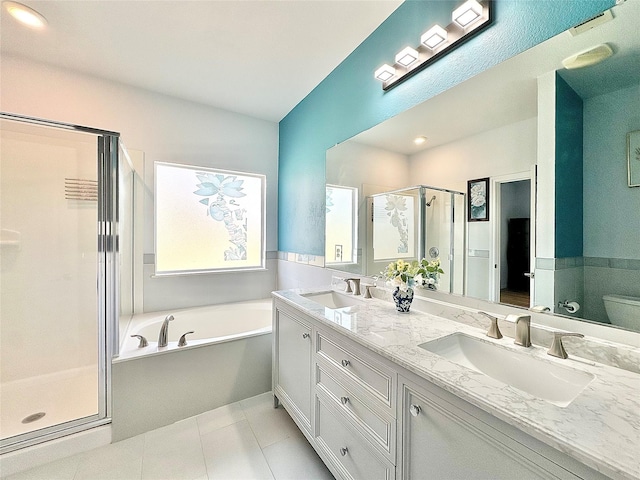 6468 Payton Dr, Fort Worth, TX 76131 - bathroom with a stall shower, double vanity, a bath, and toilet