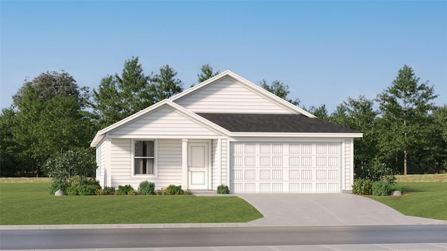 ranch-style home with a front lawn, a garage, concrete driveway, and roof with shingles