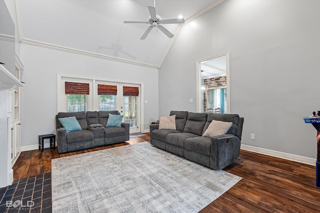 4013 Wisteria Ln, Benton, LA 71006 - living room with high vaulted ceiling, a ceiling fan, ornamental molding, baseboards, and wood finished floors