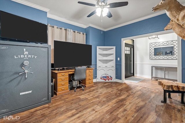 4013 Wisteria Ln, Benton, LA 71006 - office featuring ornamental molding, wood finished floors, ceiling fan, and baseboards