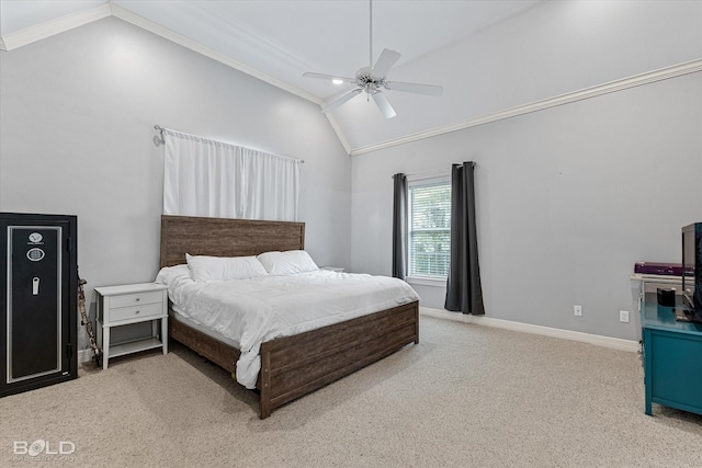 4013 Wisteria Ln, Benton, LA 71006 - bedroom featuring lofted ceiling, light colored carpet, crown molding, and a ceiling fan