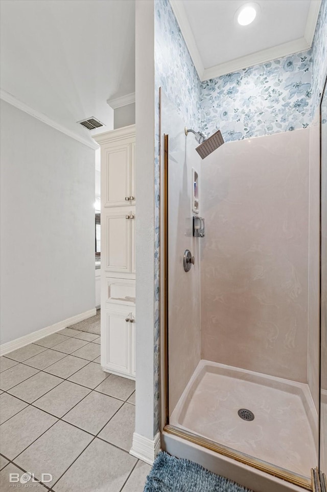 4013 Wisteria Ln, Benton, LA 71006 - full bath with crown molding, a shower stall, tile patterned flooring, and baseboards