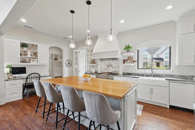 1316 Sparrow Hawk Ln, Gunter, TX 75058 - kitchen featuring open shelves, arched walkways, a sink, premium range hood, and tasteful backsplash