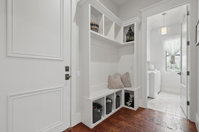 1316 Sparrow Hawk Ln, Gunter, TX 75058 - mudroom with wood finished floors, baseboards, and washer and clothes dryer