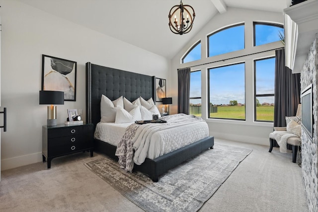 1316 Sparrow Hawk Ln, Gunter, TX 75058 - bedroom featuring light colored carpet, a chandelier, beam ceiling, baseboards, and high vaulted ceiling